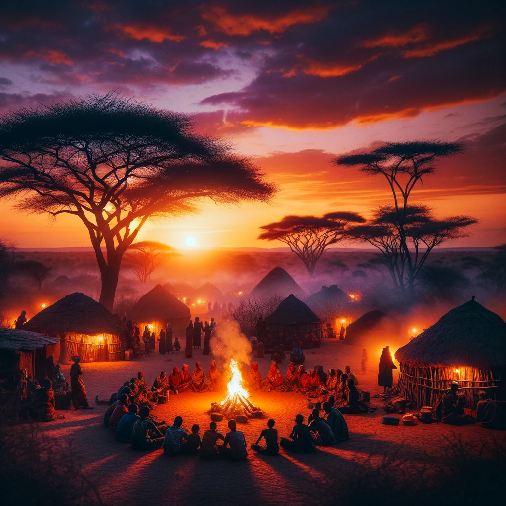 DALL·E 2024-05-22 12.40.13 - A serene evening scene in an African village. The sun is setting, casting a golden glow over the landscape. People are gathered around a large communa