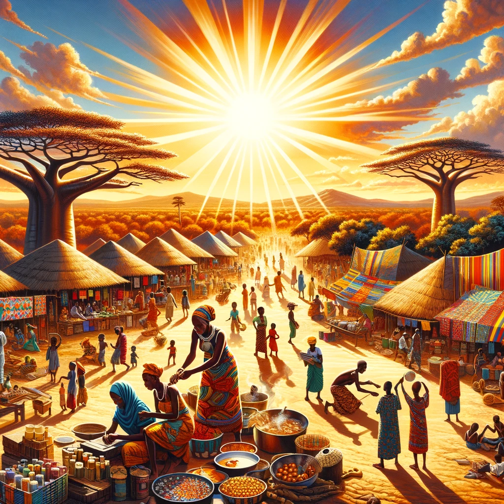 DALL·E 2024-05-22 12.40.17 - A lively afternoon scene in an African village. The sun is high in the sky, casting bright light over the village. People are engaged in various activ