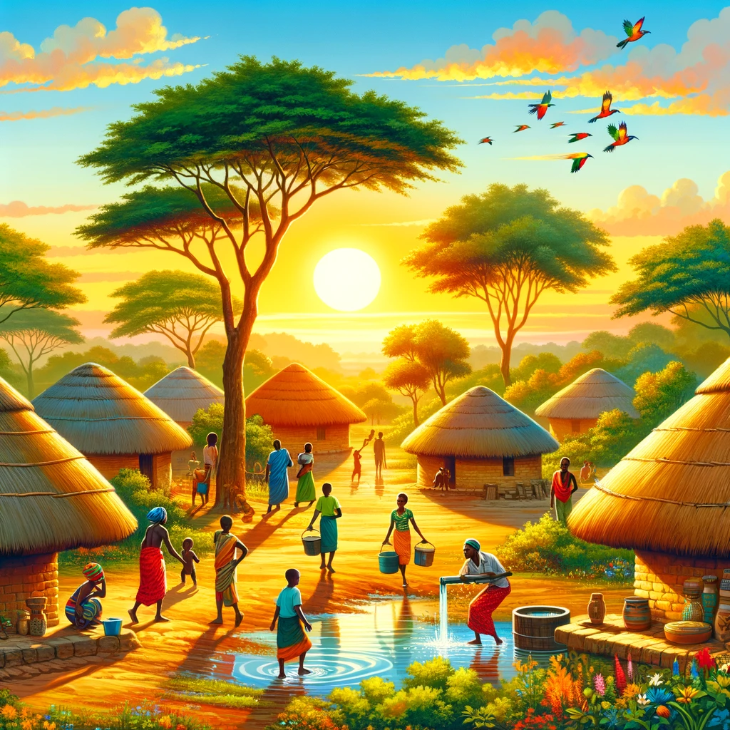 DALL·E 2024-05-22 12.40.25 - A vibrant scene representing morning in an African village. The sun is rising over traditional thatched-roof huts. People are starting their day, with